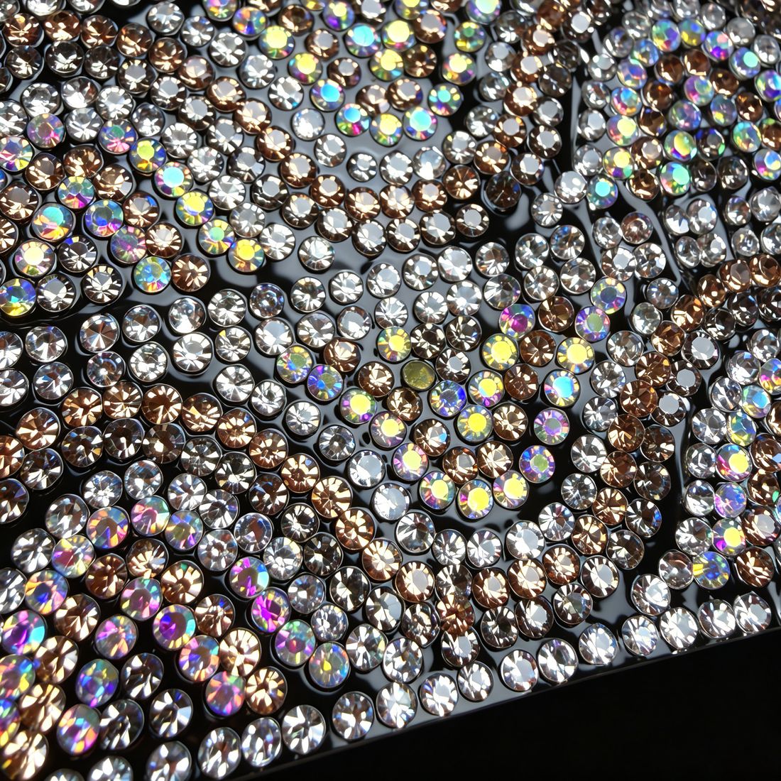 Triple-stack rhinestone crystal mesh detail · 钻+钻+钻三套局部特写