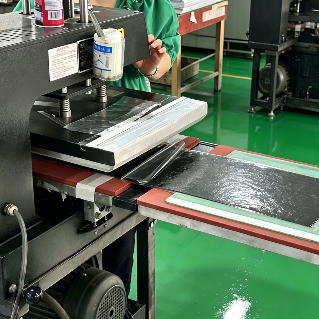 Heat-press station bonding rhinestone mesh on the LOCACRYSTAL Pujiang line