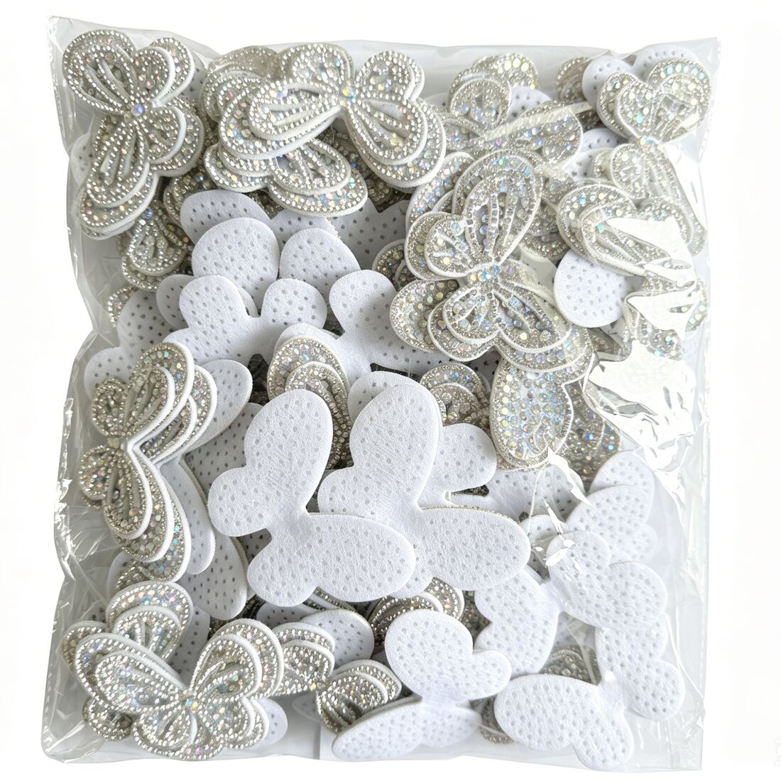 Diamond Flower butterfly motifs packed in bulk bag at LOCACRYSTAL Pujiang factory