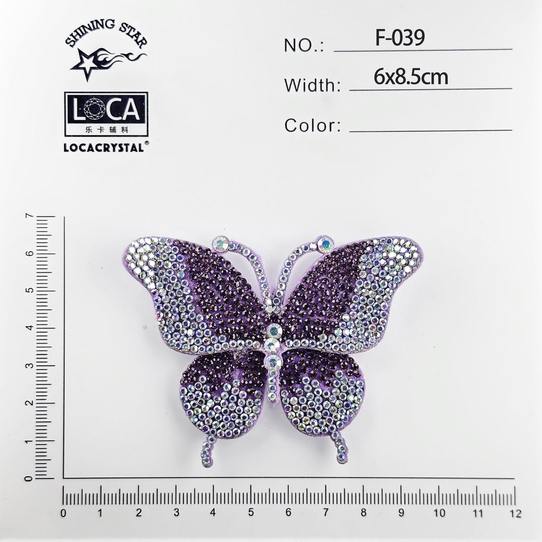 LOCACRYSTAL Diamond Flower F-039 purple butterfly motif, 6 by 8.5 cm rhinestone-paved wing applique