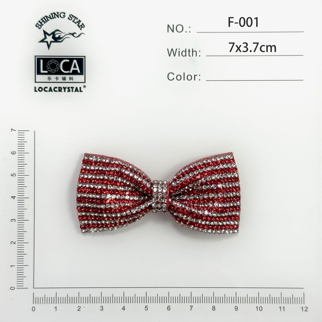 LOCACRYSTAL Diamond Flower F-001 red metallic-stripe bow motif, 7 by 3.7 cm rhinestone trim applique