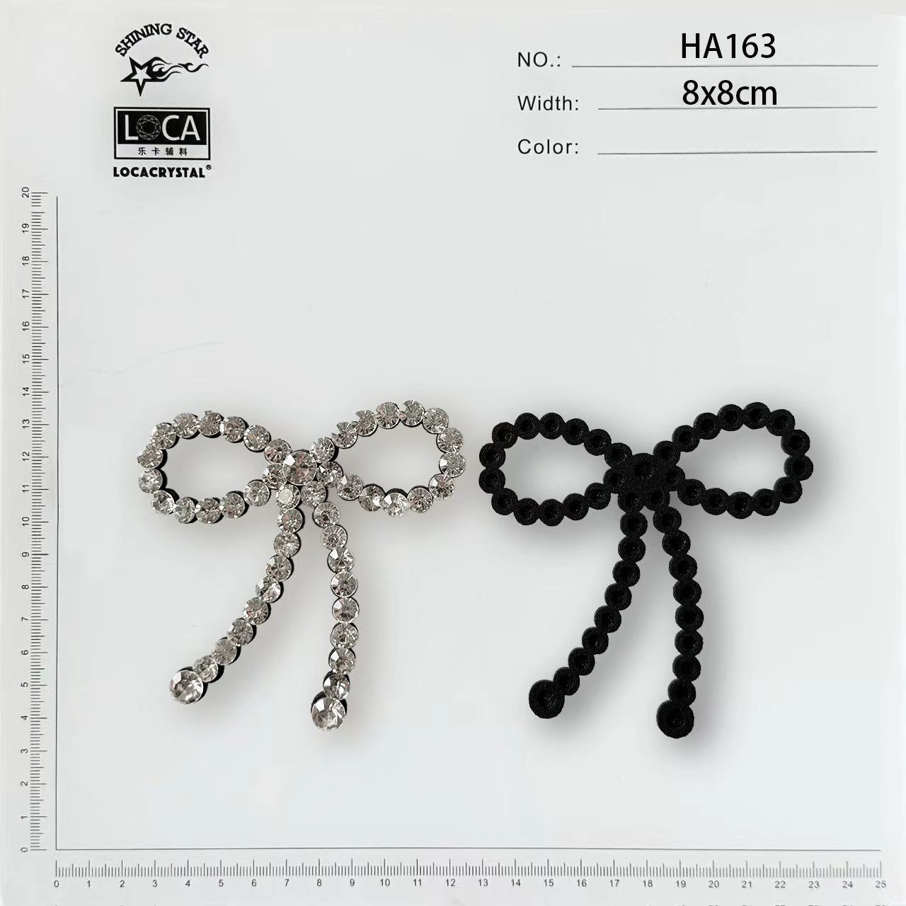 Rhinestone hair bow motif HA-163 on a flocked base — one of 180 stock shapes in the LOCACRYSTAL HA series
