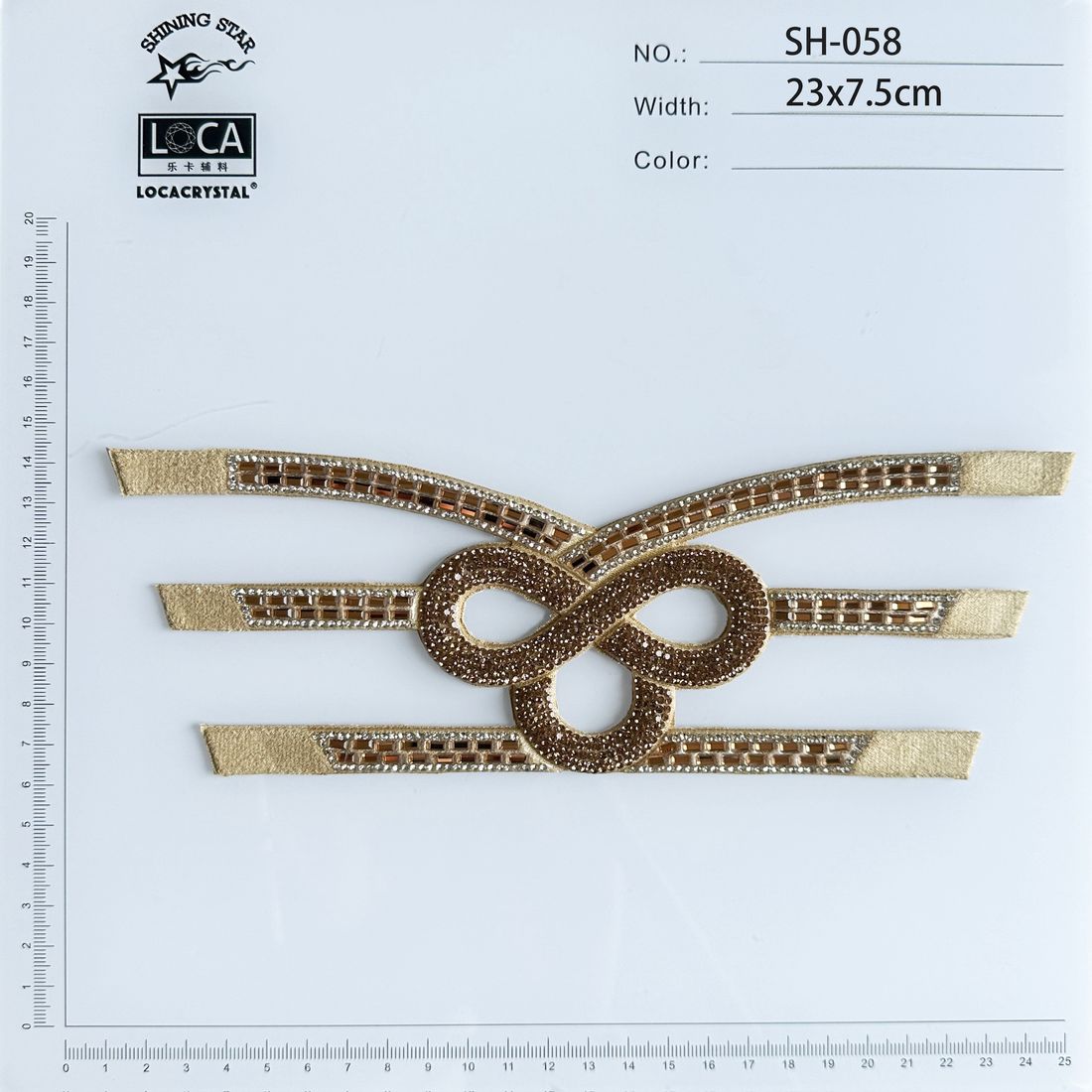 LOCACRYSTAL Shoe Upper SH-058 gold infinity loop motif vamp band, 23 by 7.5 cm rhinestone and bead trim